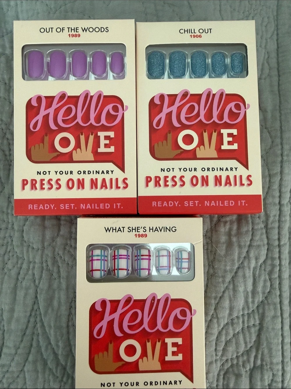 Hello Love Press-On Nails Trio - Purple, Blue Glitter, White Plaid